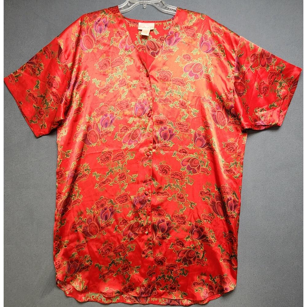 Solange Red Floral Nightgown Size‎ 14/16 Satan Polyester Short Sleeve